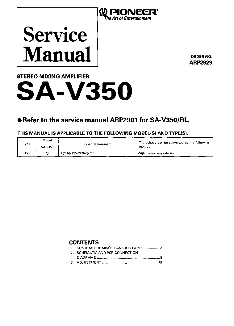 PIONEER SA-V350 ARP2929 STEREO MIXING AMP SM service manual (1st page)