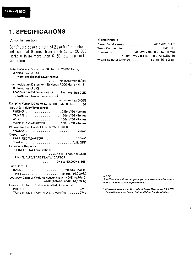 PIONEER SA420 service manual (2nd page)