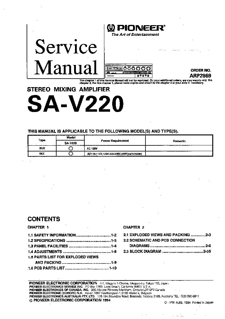 PIONEER SAV220 service manual (1st page)