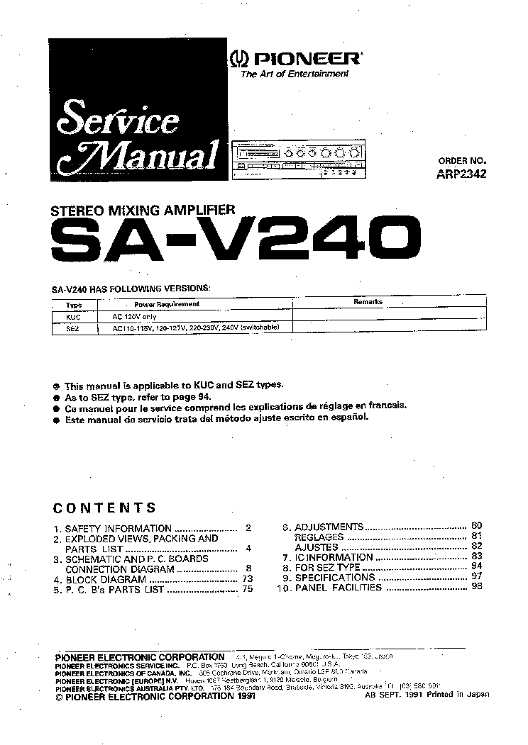 PIONEER SAV240 service manual (1st page)