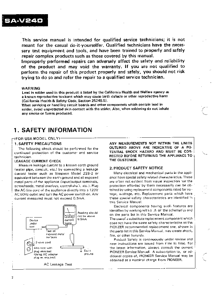 PIONEER SAV240 service manual (2nd page)