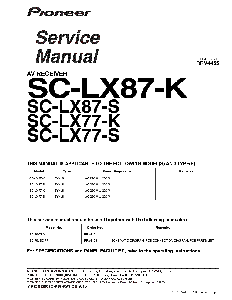 PIONEER SC-LX87-K SC-LX87-S SC-LX77-K SC-LX77-S RRV4455 service manual (1st page)