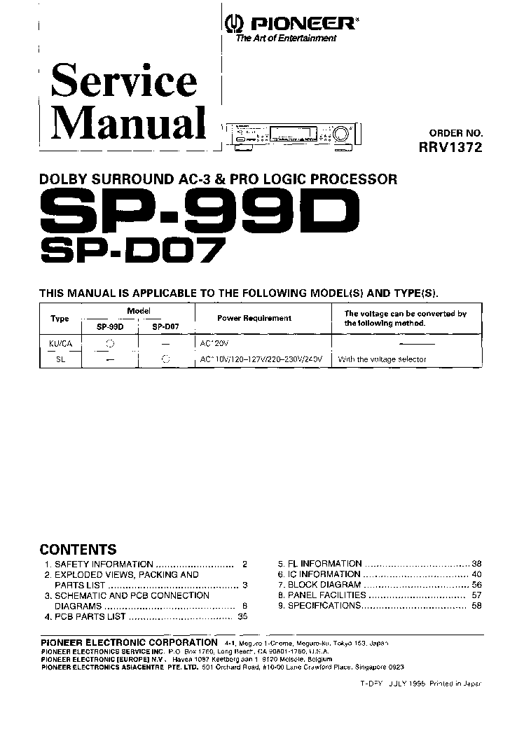 PIONEER SP-99D SP-D07 DOLBY AC-3 AND PRO-LOGIC PROCESSOR RRV1372 1995 SM service manual (1st page)