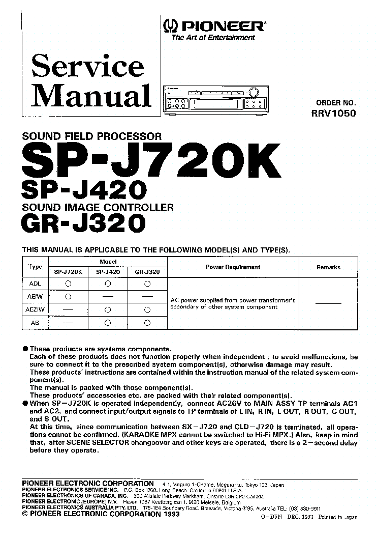 PIONEER SP-J720K SP-J420 GR-J320 service manual (1st page)