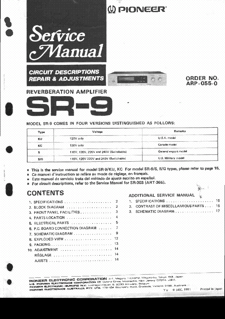 PIONEER SR-9 ARP0550 service manual (1st page)
