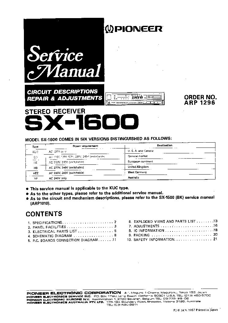 PIONEER SX-1600 ARP1296 SX-1500 ARP1010 SM service manual (1st page)
