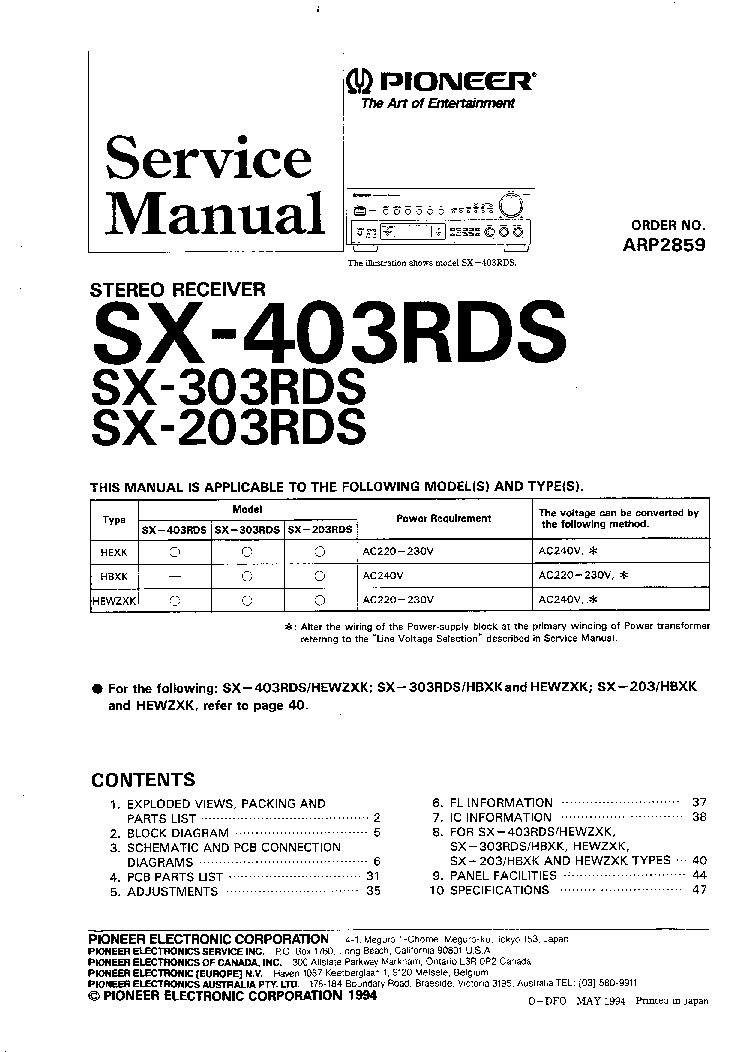 PIONEER SX-403RDS SX-303RDS SX-203RDS ARP2859 FULL service manual (1st page)