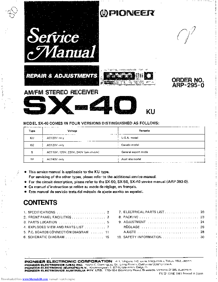 PIONEER SX-40 TRANSISTORIZED VERSION ARP-295-0 service manual (1st page)