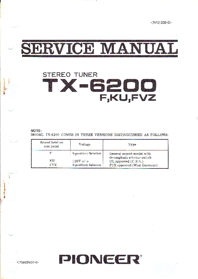 PIONEER SX-6200 F KU FVZ STEREO TUNER 1973 SM service manual (1st page)