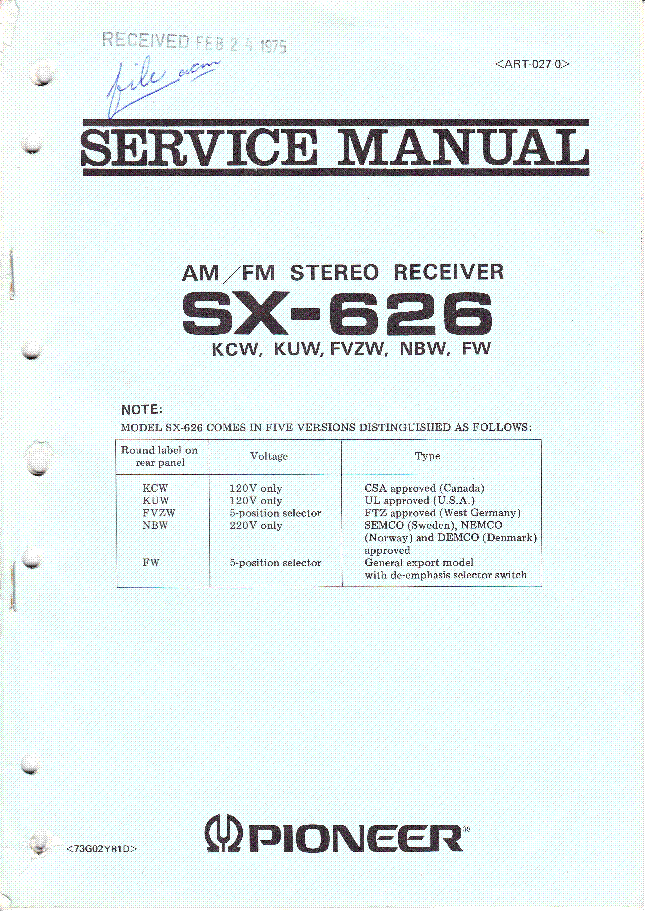 PIONEER SX-626 ART0270 SM 1973 service manual (1st page)
