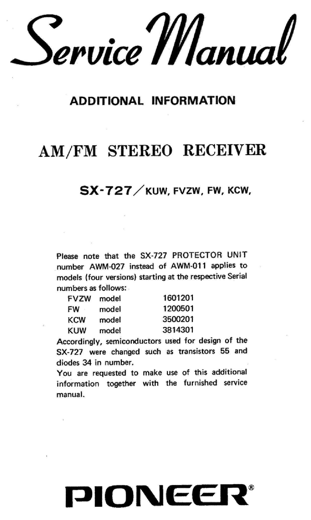 PIONEER SX-727 ADDENDUM service manual (1st page)