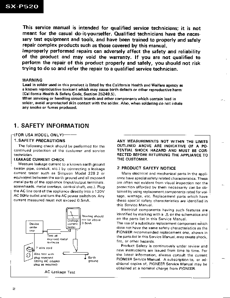 PIONEER SX-P520 service manual (2nd page)