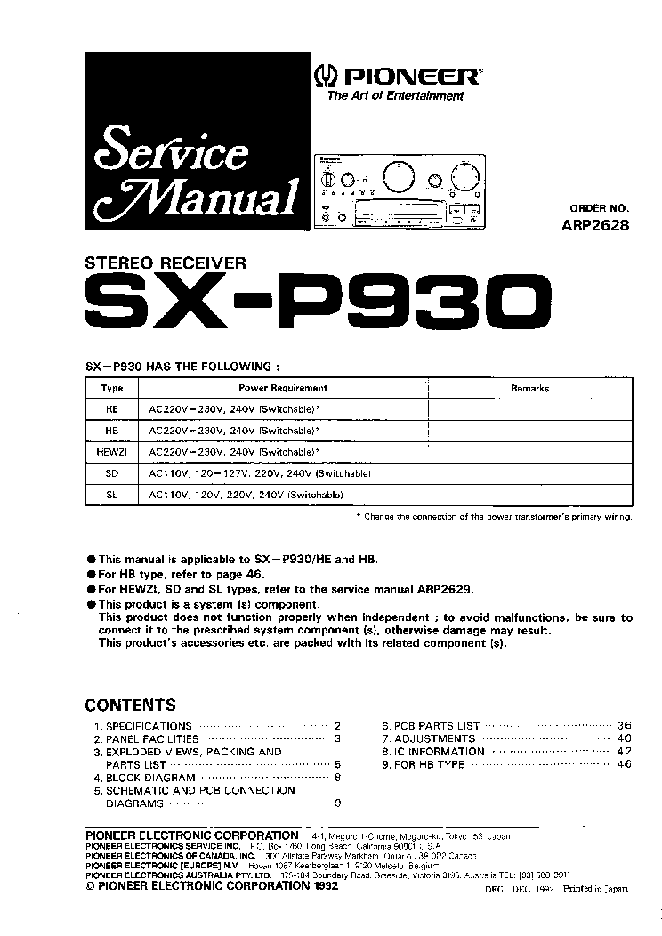 PIONEER SX-P930 ARP2628 SM service manual (1st page)