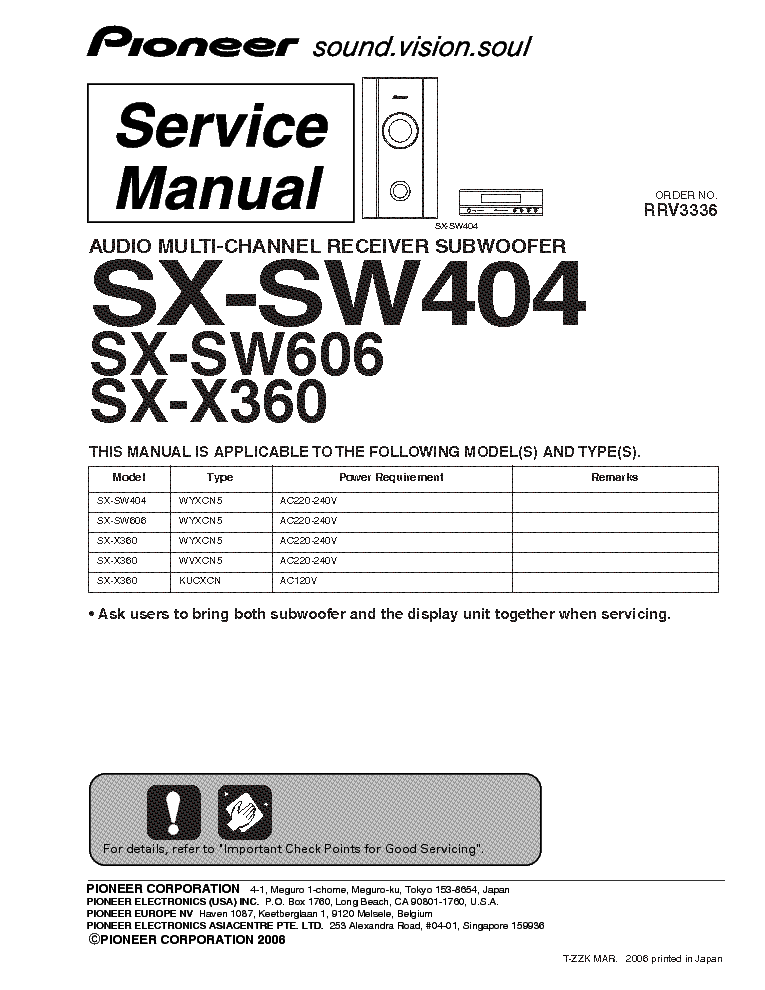 PIONEER SX-SW404 SW606 X360 service manual (1st page)