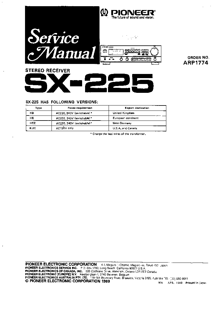 PIONEER SX225 service manual (1st page)
