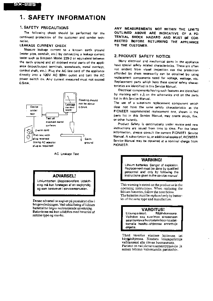 PIONEER SX225 service manual (2nd page)