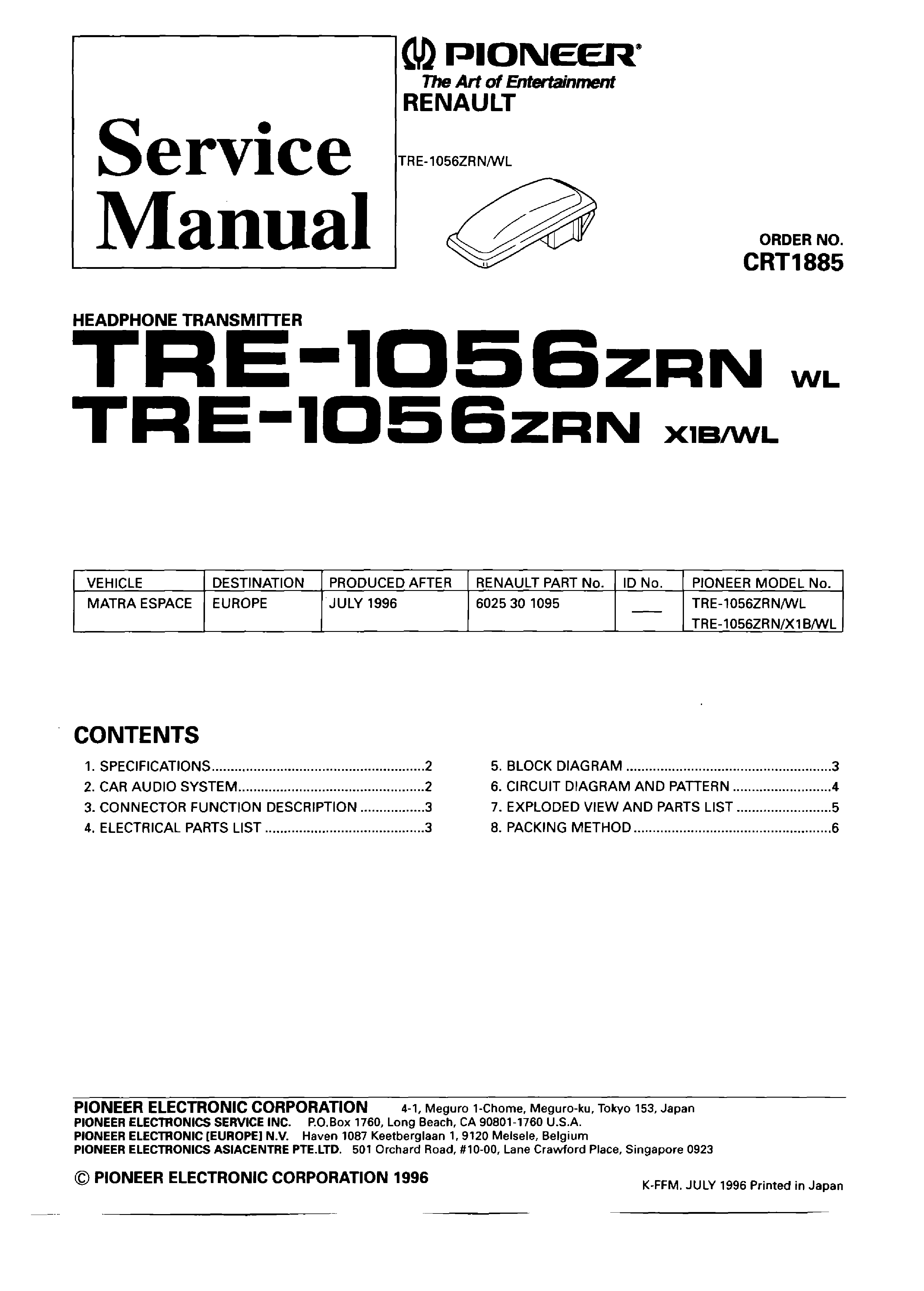PIONEER TRE-1056ZRN CRT1885 RENAULT service manual (1st page)