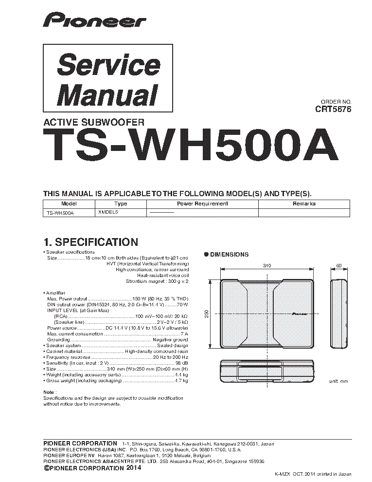PIONEER TS-WH500A CRT5676 SM service manual (1st page)