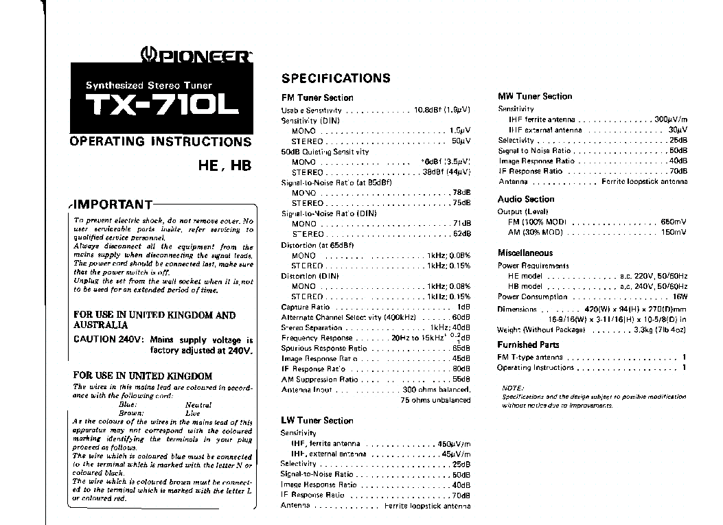 PIONEER TX-710L-OM service manual (1st page)