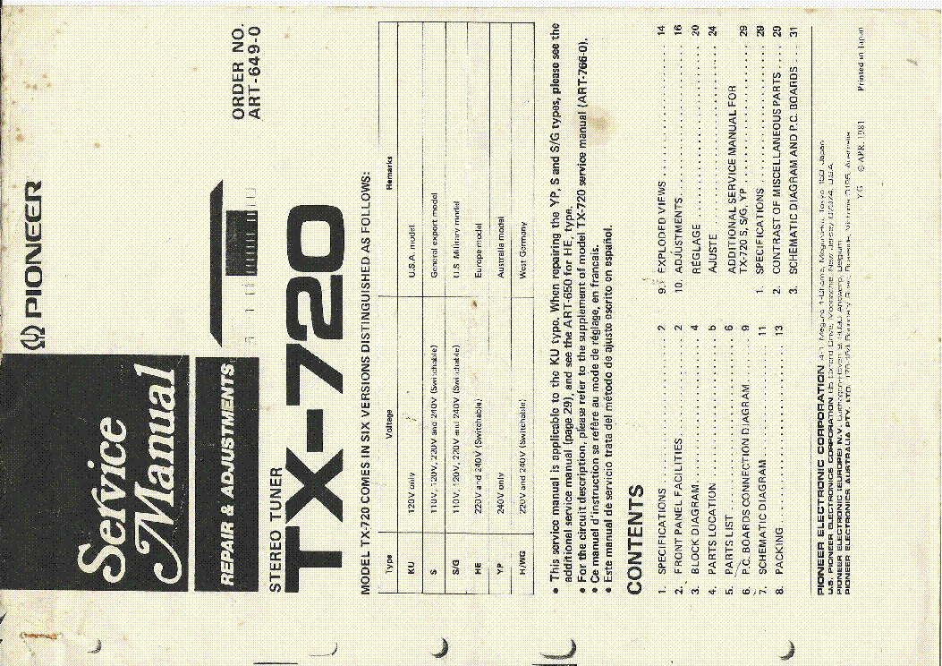 PIONEER TX-720 STEREO TUNER ART-6490 1981 SM service manual (1st page)