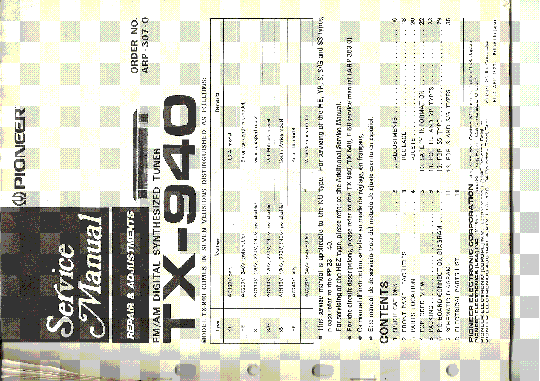 PIONEER TX-940 service manual (1st page)