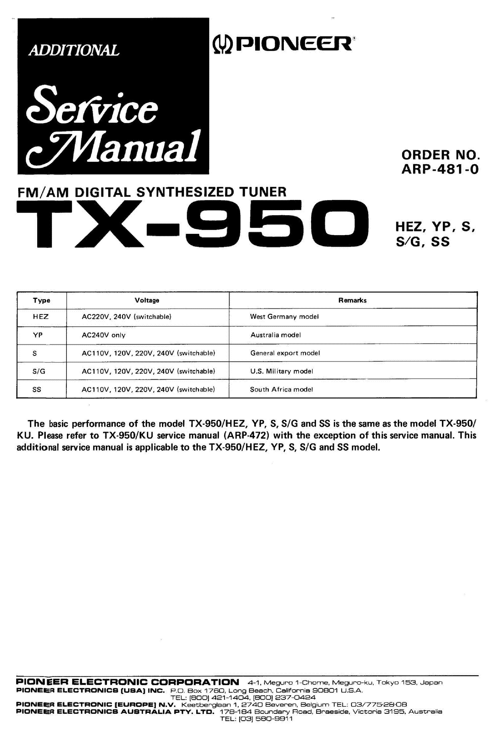 PIONEER TX-950 ARP-481-0 service manual (2nd page)