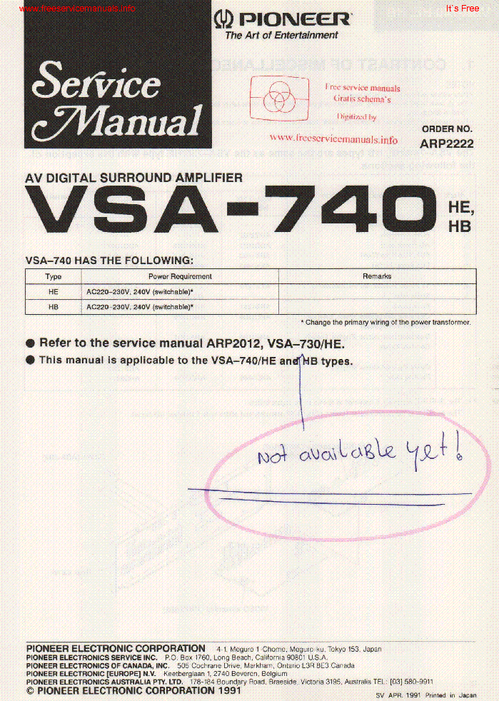PIONEER VSA-740 ARP2222 service manual (1st page)