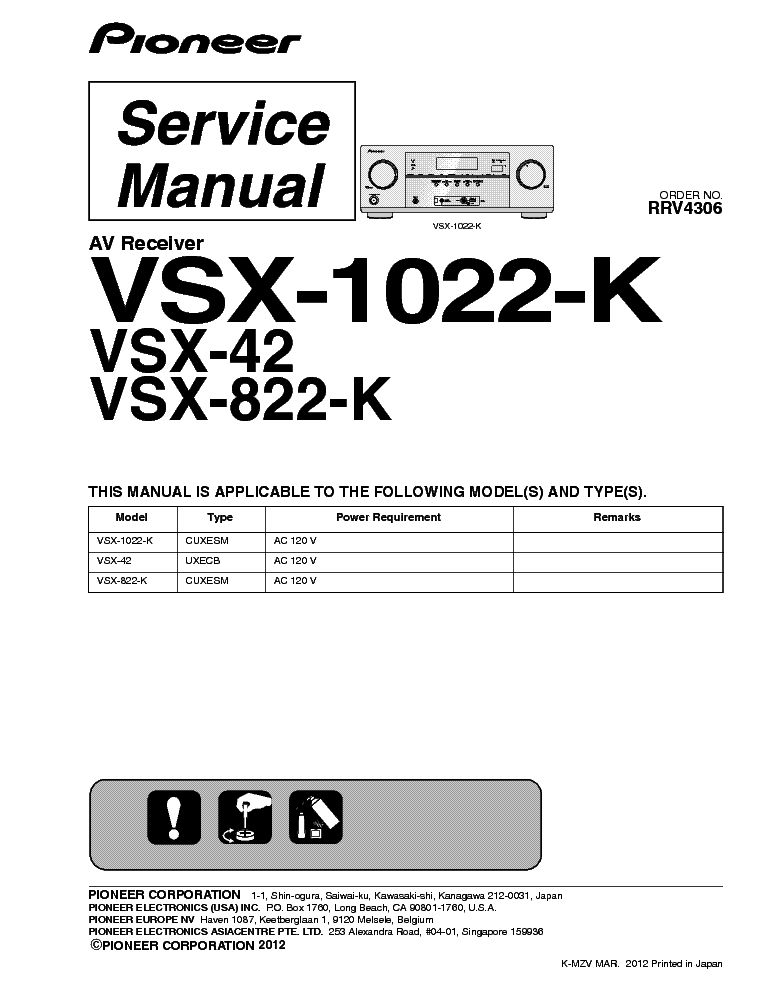 PIONEER VSX-1022-K VSX-42 VSX-822-K RRV4306 AV RECEIVER service manual (1st page)