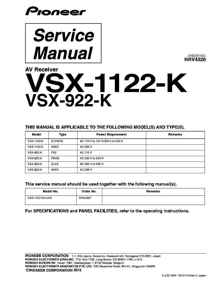 PIONEER VSX-1122 VSX-922-K RRV4320 AV RECEIVER service manual (1st page)