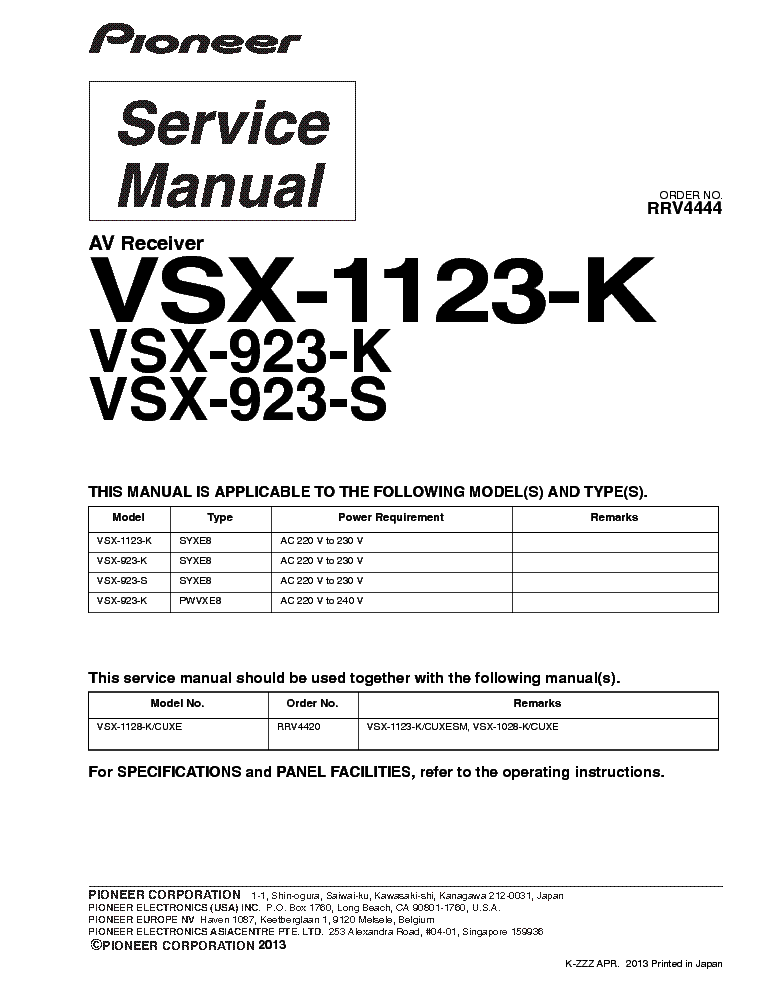 PIONEER VSX-1123-K VSX-923-K VSX-923-S RRV4444 PARTS service manual (1st page)