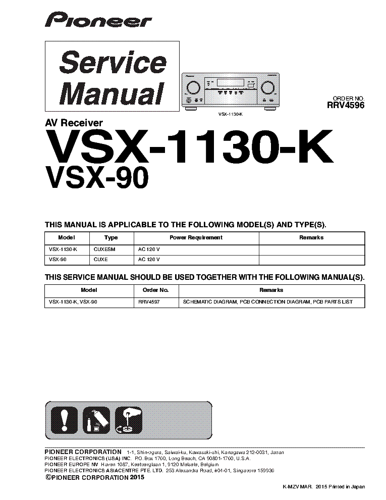 PIONEER VSX-1130-K VSX-90 AV RECEIVER RRV4596 2015 SM service manual (1st page)