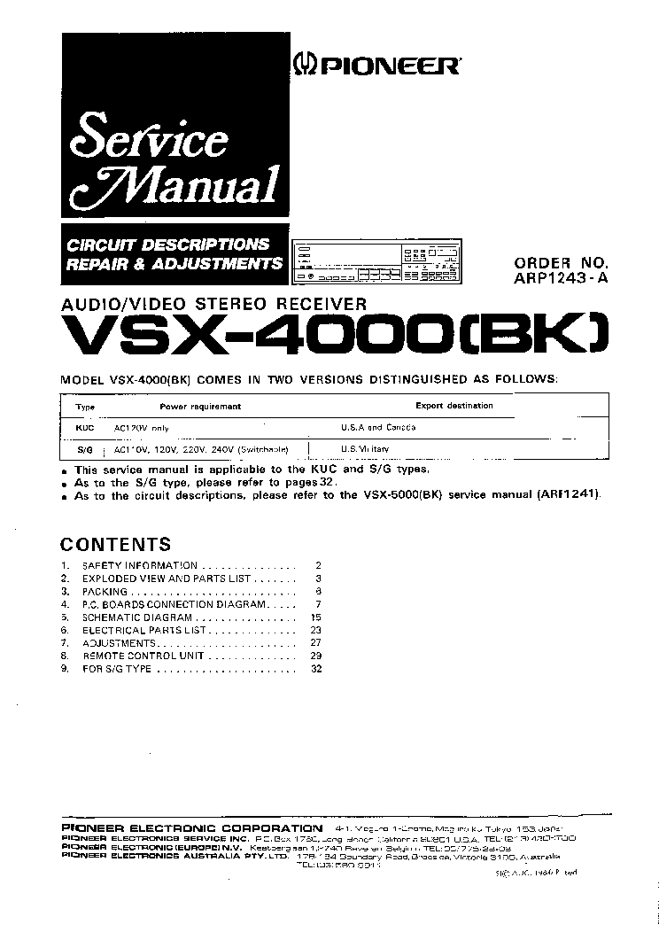 PIONEER VSX-4000-BK AV STEREO RECEIVER ARP1243A 1986 SM service manual (1st page)