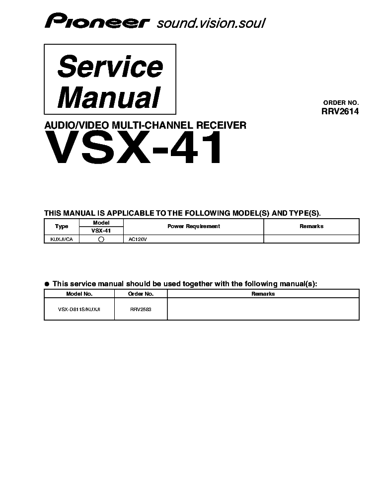 PIONEER VSX-41 AV MULTI-CHANNEL RECEIVER RRV2614 VSX-811S-K-S RRV2597 2002 SM service manual (1st page)