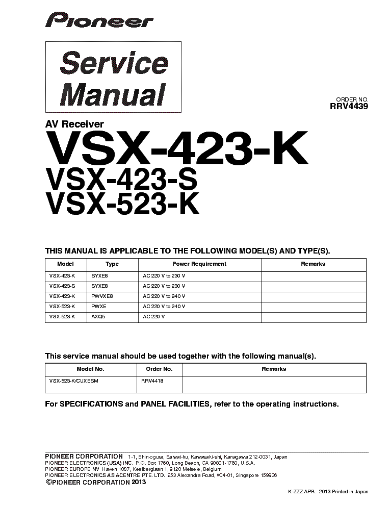 PIONEER VSX-423-K VSX-523-K RRV4439 SUPPLEMENT-1 service manual (1st page)
