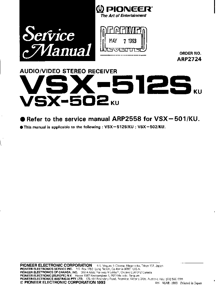 PIONEER VSX-501 VSX-502 VSX-512 service manual (1st page)