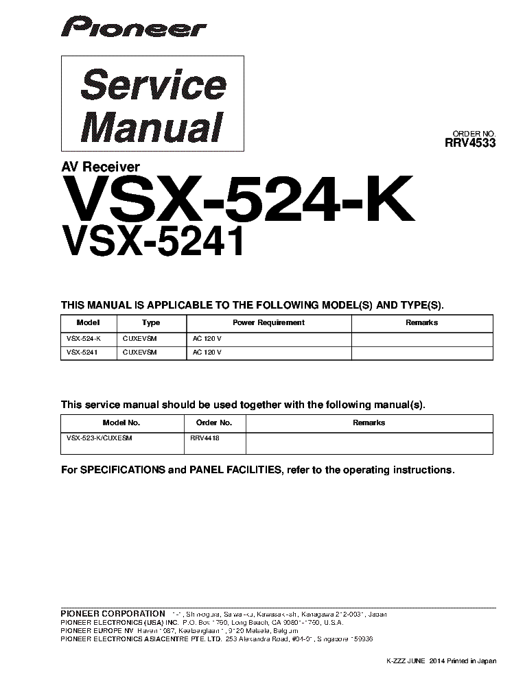 PIONEER VSX-524-K VSX-5241 AV RECEIVER RRV4533 PARTS SM service manual (1st page)