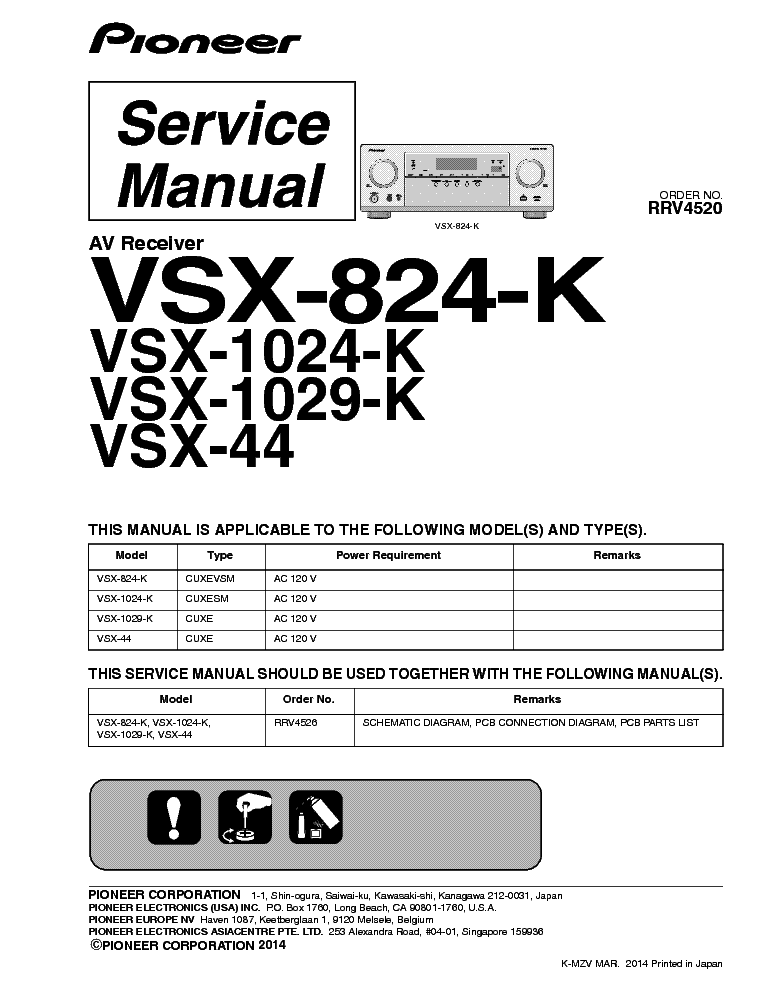 PIONEER VSX-824-K VSX-1024-K VSX-1029-K VSX-44 AV RECEIVER service manual (1st page)