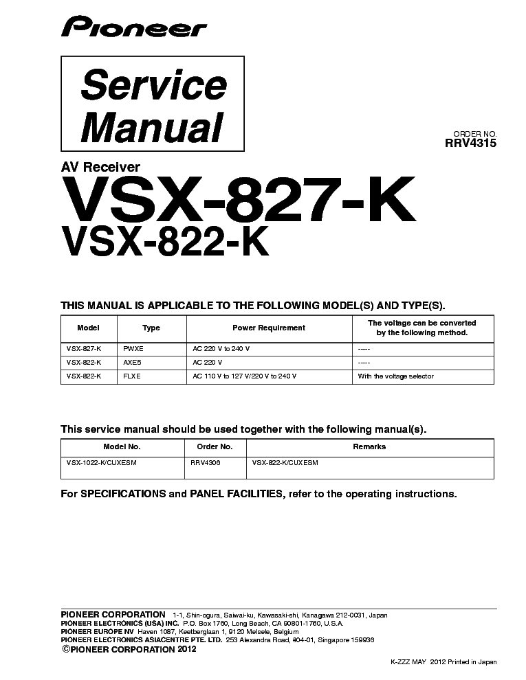 PIONEER VSX-827-K VSX-822-K PARTS service manual (1st page)
