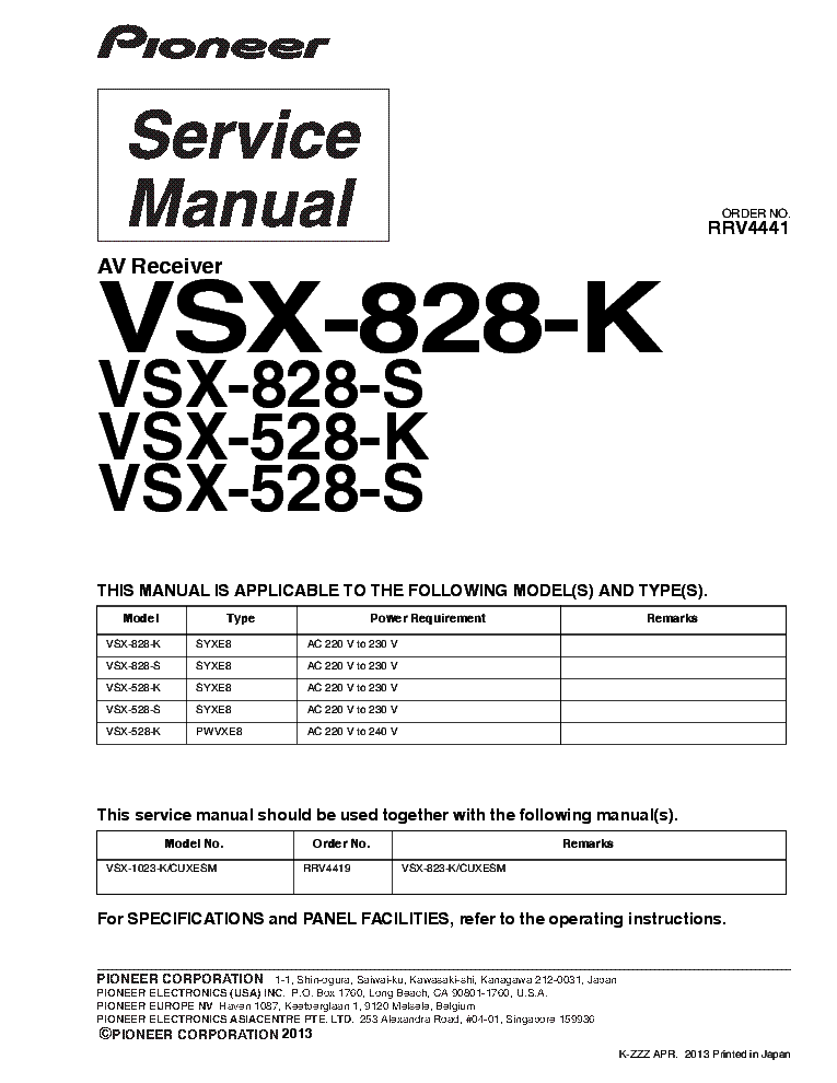 PIONEER VSX-828-K VSX-528-S RRV4441 service manual (1st page)
