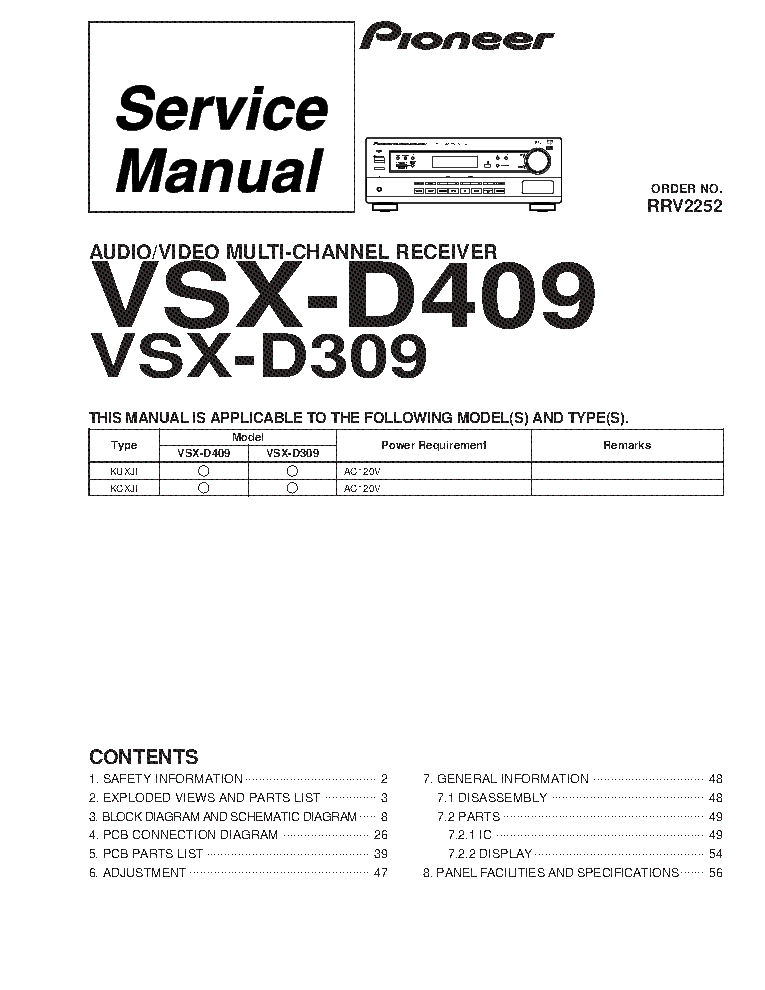 PIONEER VSX-D309 D409 AV MULTI-CHANNEL RECEIVER SM service manual (1st page)
