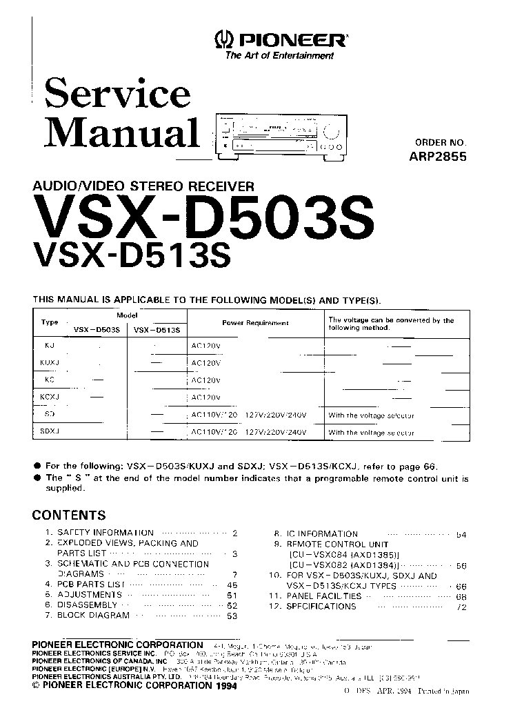 PIONEER VSX-D503S VSX-D513S ARP2855 service manual (1st page)
