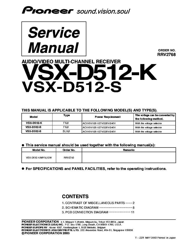 PIONEER VSX-D512-K VSX-D512-S RRV2768 service manual (1st page)