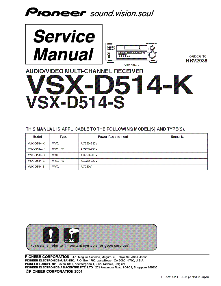 PIONEER VSX-D514-K-S RRV2936 SM Service Manual download, schematics