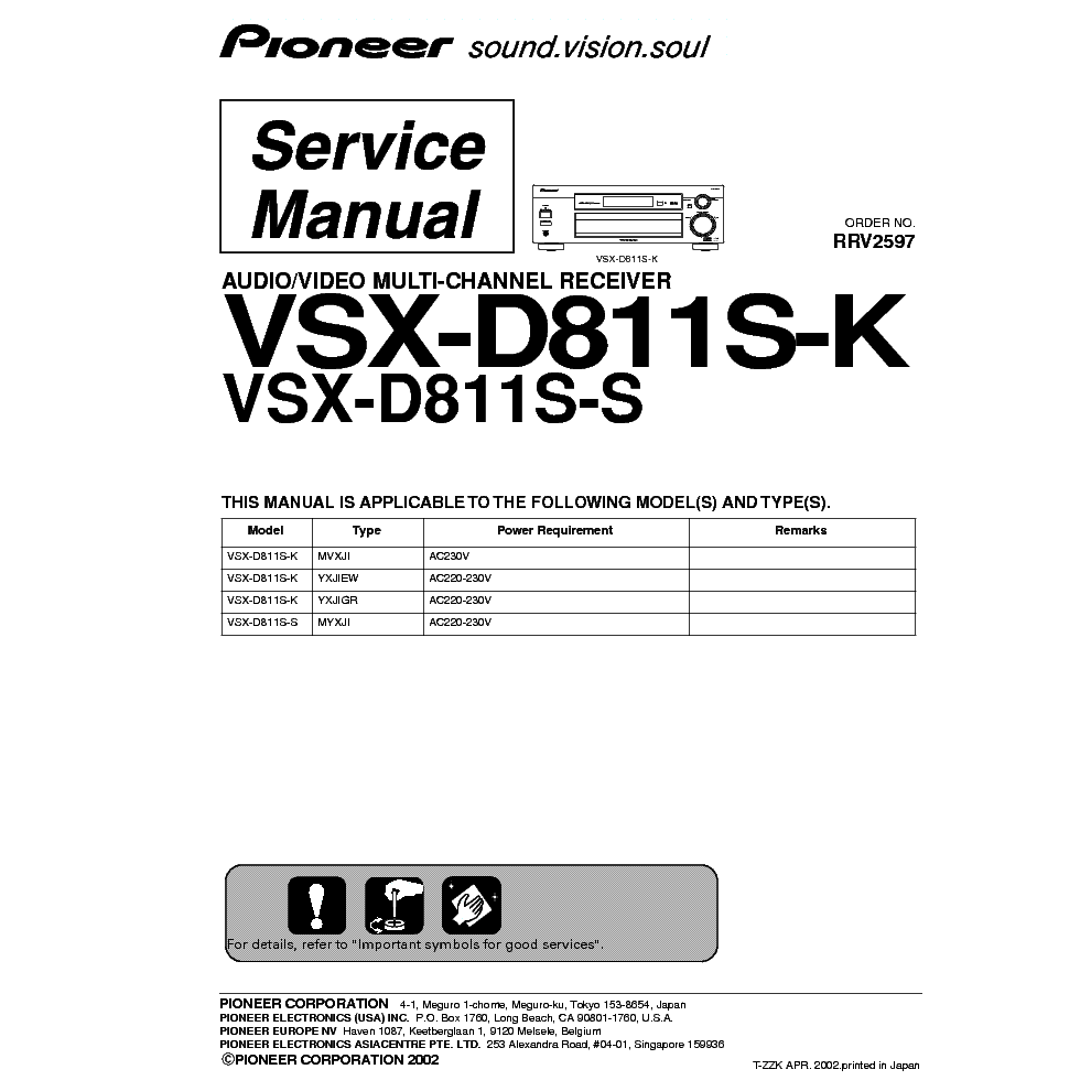 PIONEER VSX-D811S-K VSX-D811S-S RRV2597 service manual (1st page)