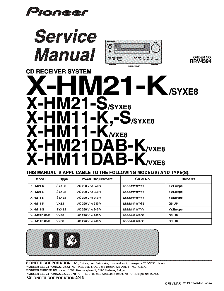 PIONEER X-HM21-K HM21-S HM21DAB HM11DAB RRV4394 SM service manual (1st page)