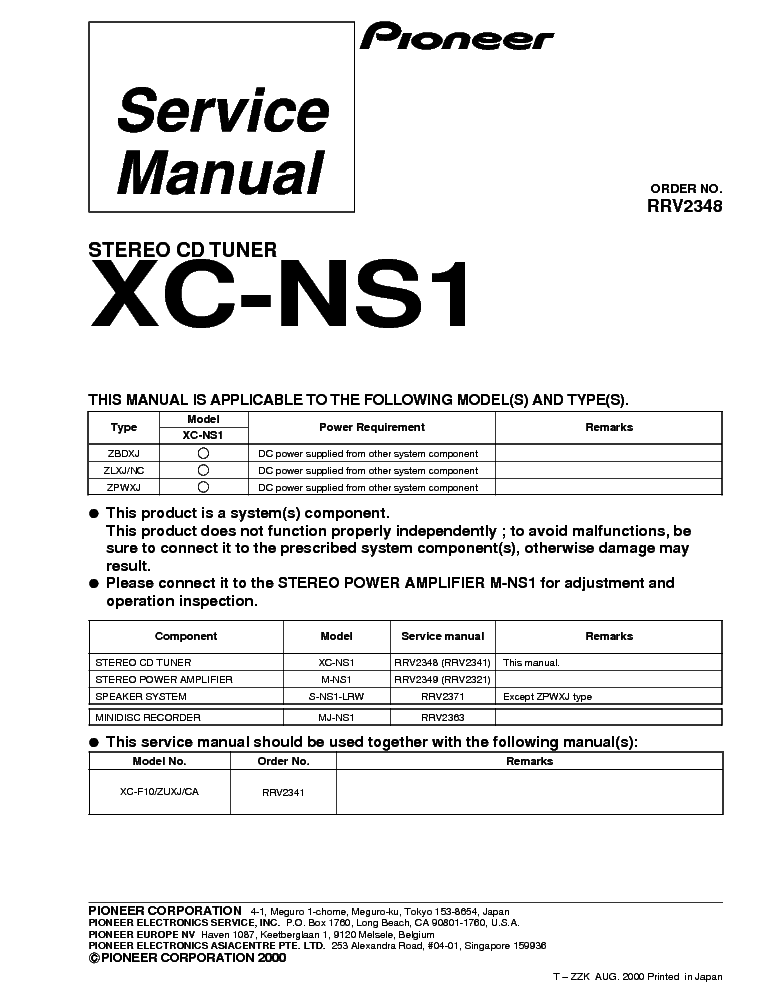 PIONEER XC-NS1 RRV2348 SUPPLEMENT service manual (1st page)
