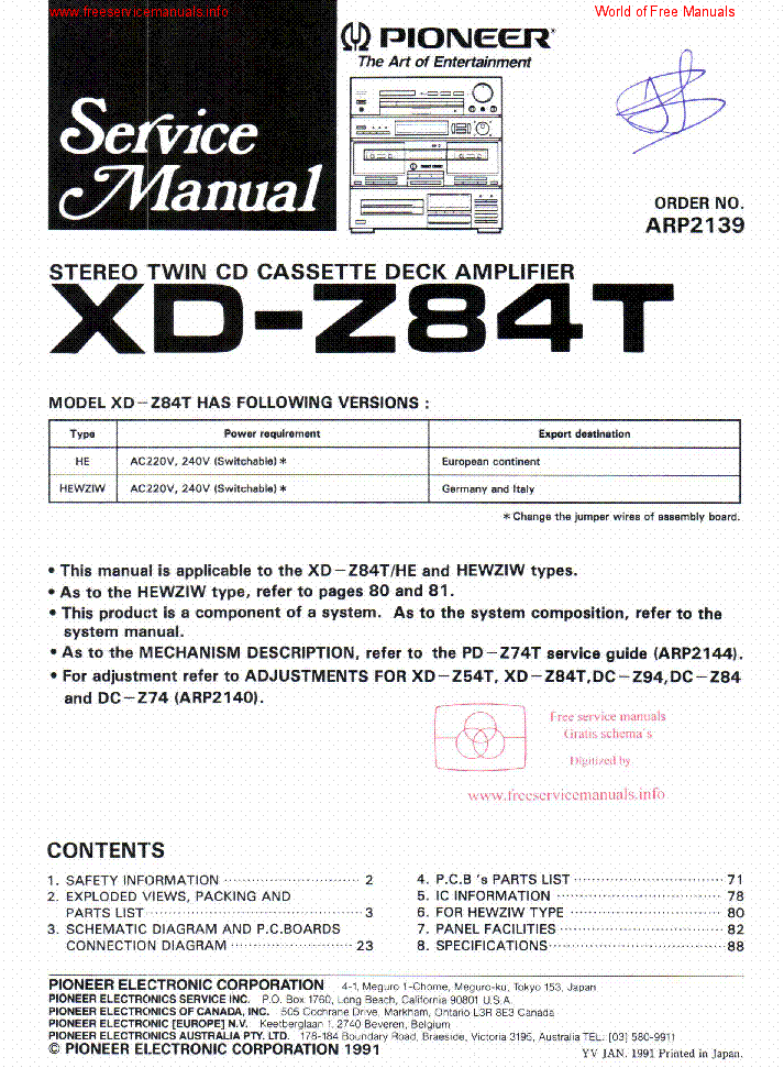 PIONEER XD-Z84T ARP2139 SM service manual (1st page)