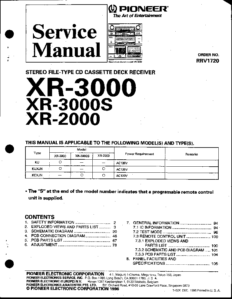 PIONEER XR-3000 XR-3000S XR-2000 RRV1720 service manual (1st page)