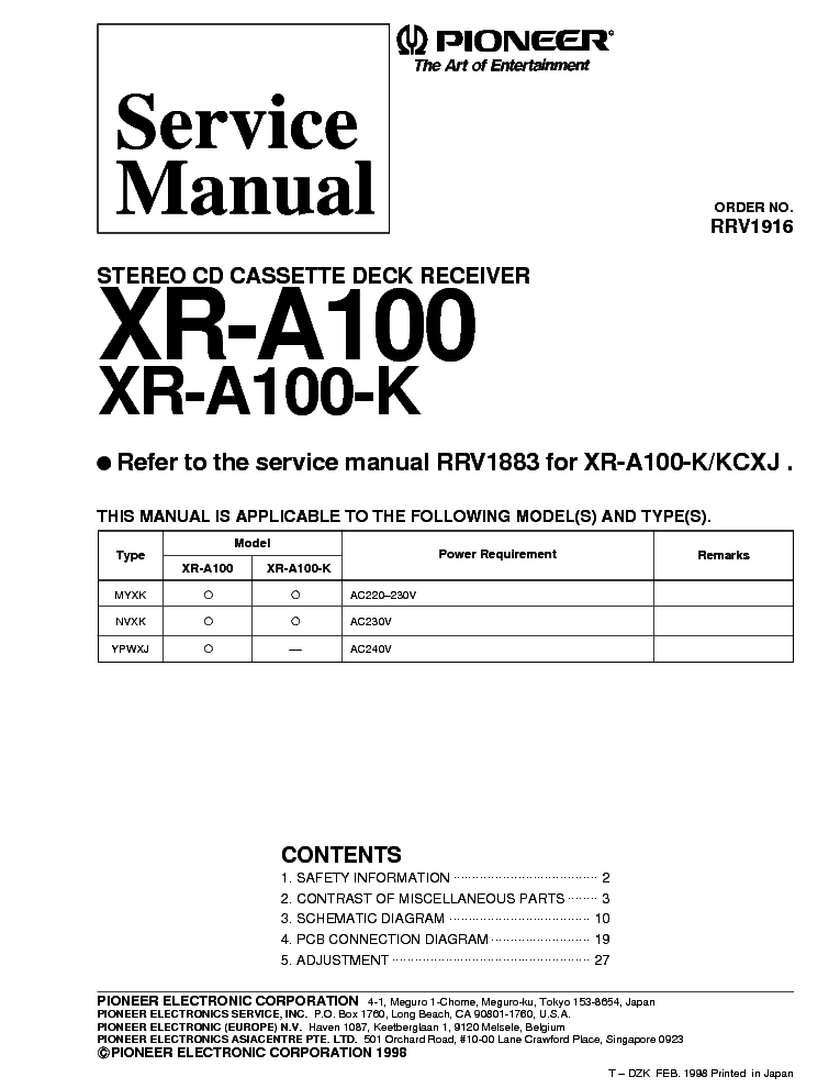PIONEER XR-A100 XR-A100K service manual (1st page)