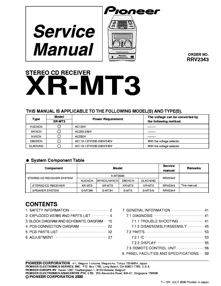 PIONEER XR-MT3 service manual (1st page)